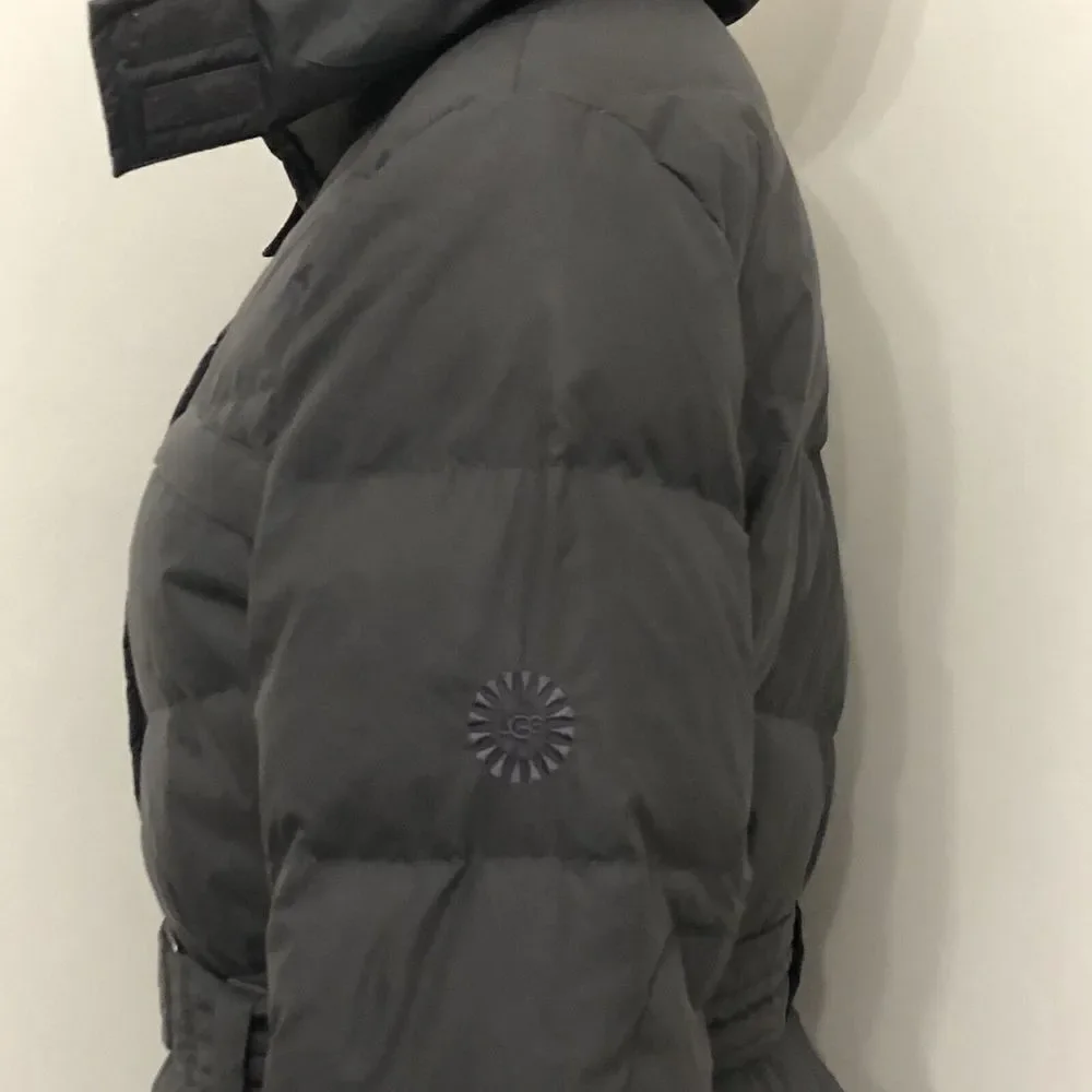 UGG Lambskin 80/20 Duck Down Belted Hooded Mid Length Puffer Coat Woman Size M - Picture 3 of 16